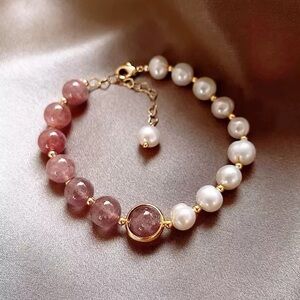 Natural Freshwater Pearl & Strawberry Quartz Healing Bracelet - 14K Gold Finish